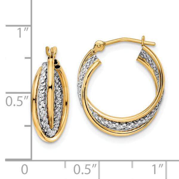 14k w/ White Rhodium Polished Textured Hoops - Image 3