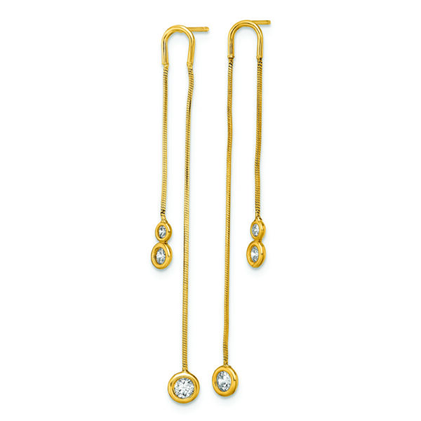 14k Yellow Gold Polished CZ Double Chain Dangle Post Earrings - Image 2