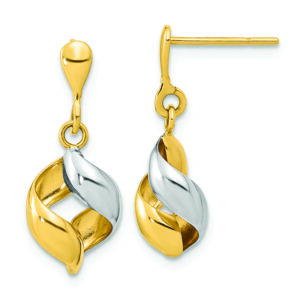 14K w/ White Rhodium Polished Fancy Dangle Post Earrings