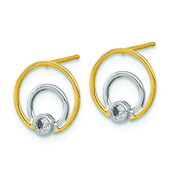14K Polished White Rhodium CZ Double Circle Post Earrings - Image 2