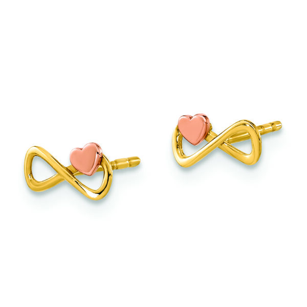 14K Two-tone Infinity with Heart Post Earrings - Image 2