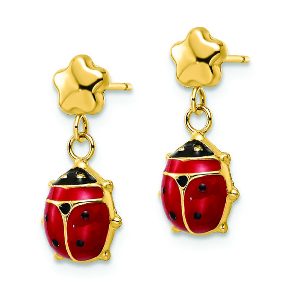 14k Polished Enameled Flower with Ladybug Post Dangle Earrings - Image 2