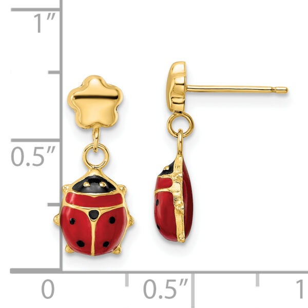 14k Polished Enameled Flower with Ladybug Post Dangle Earrings - Image 3