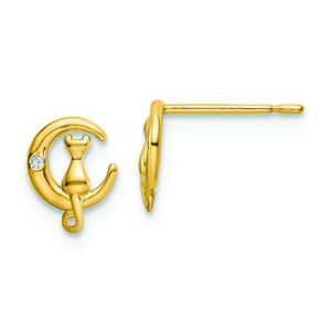 14k CZ Cat on the Moon Post Earrings