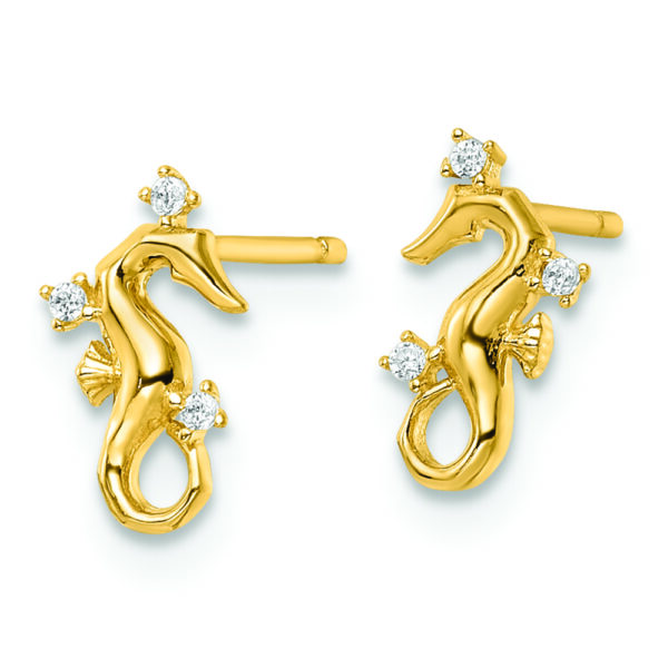 14k Yellow Gold Polished CZ Seahorse Post Earrings - Image 2