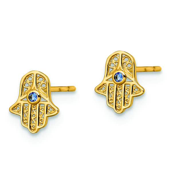 14k Blue Glass Stone Hamsa Post Earrings - Image 2