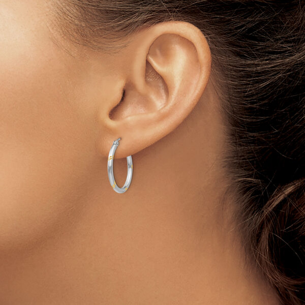 14k White Gold and Yellow Rhodium D/C Hoop Earrings - Image 3
